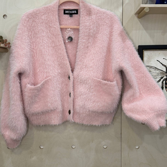 Soft Bunny Cardigan SZ M Pink Fuzzy Ballon Sleeve Sweater. Excellent condition - Picture 1 of 8